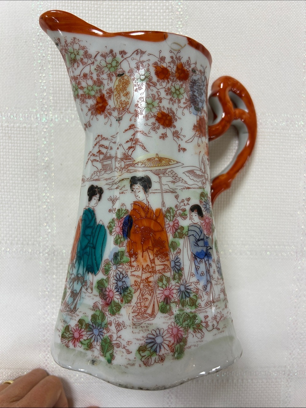 Porcelain Decorative Pitcher - Orange and Teal Home Art image 6